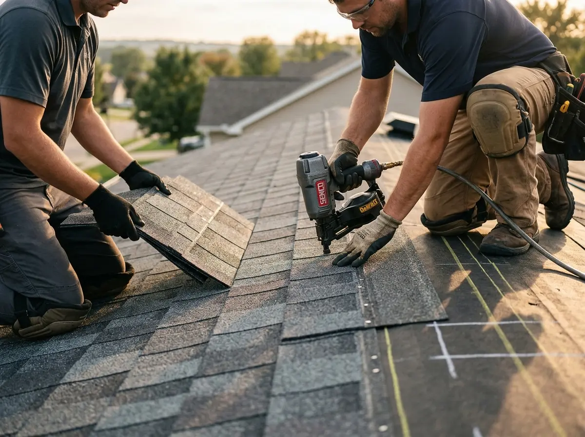 Professional roofer working on a residential roof in Wilmore